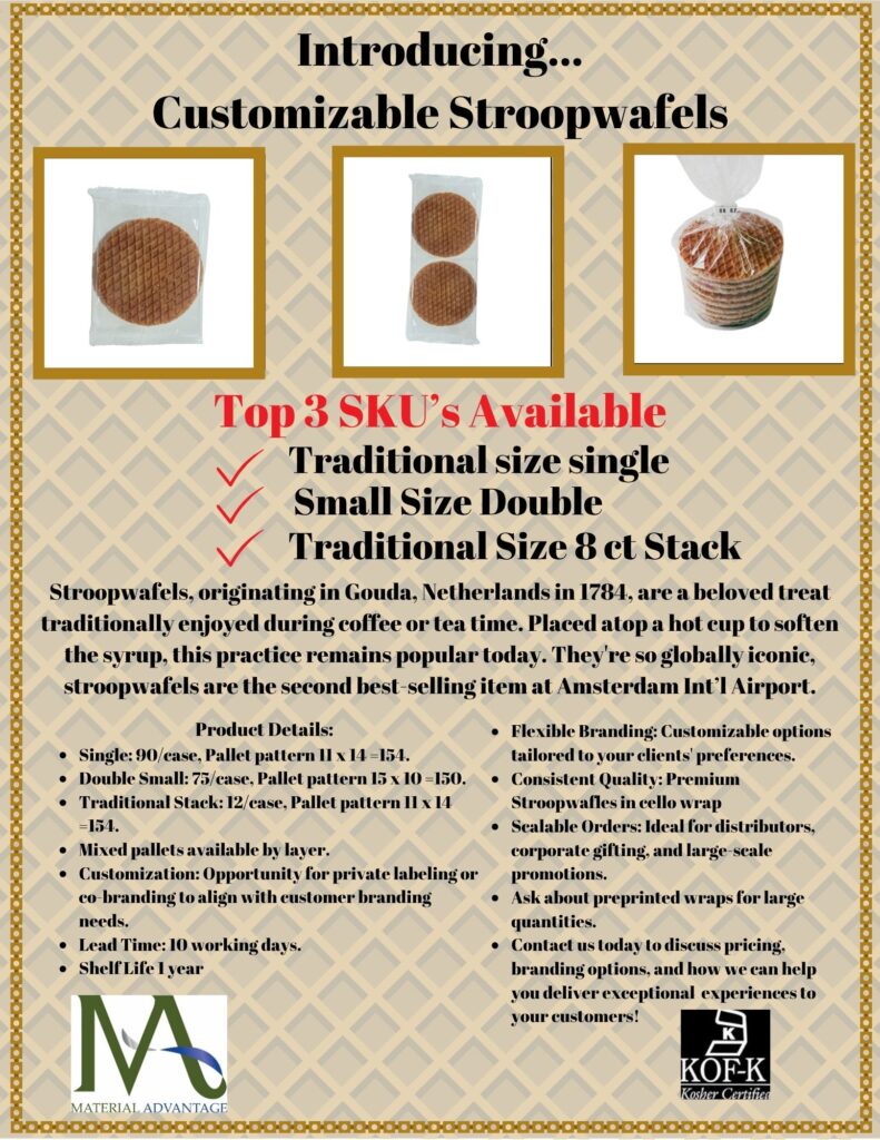 Branded Dutch stroopwafels in custom wrappers showcasing top 3 SKU sizes